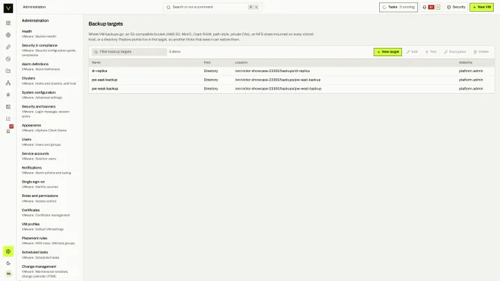 Backup targets in the victor view: S3, NFS, directory and SFTP targets managed centrally.
