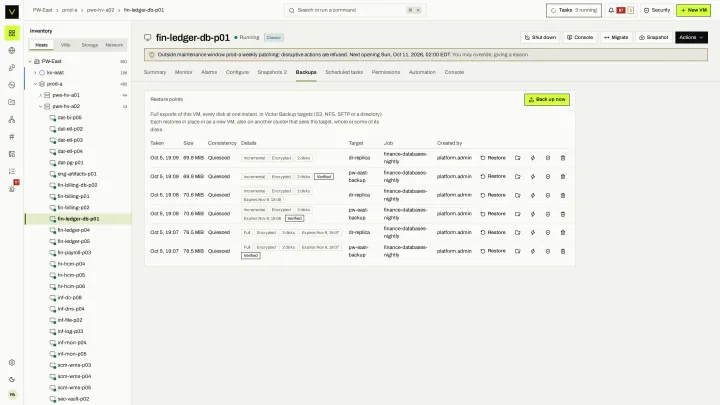 VM restore points in the victor view: Restore points on the VM itself, with size, type and verification state.