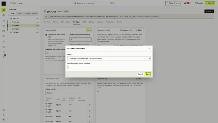 HA admission control in the victor view: Reserve failover capacity by host failures, percentage or dedicated hosts.