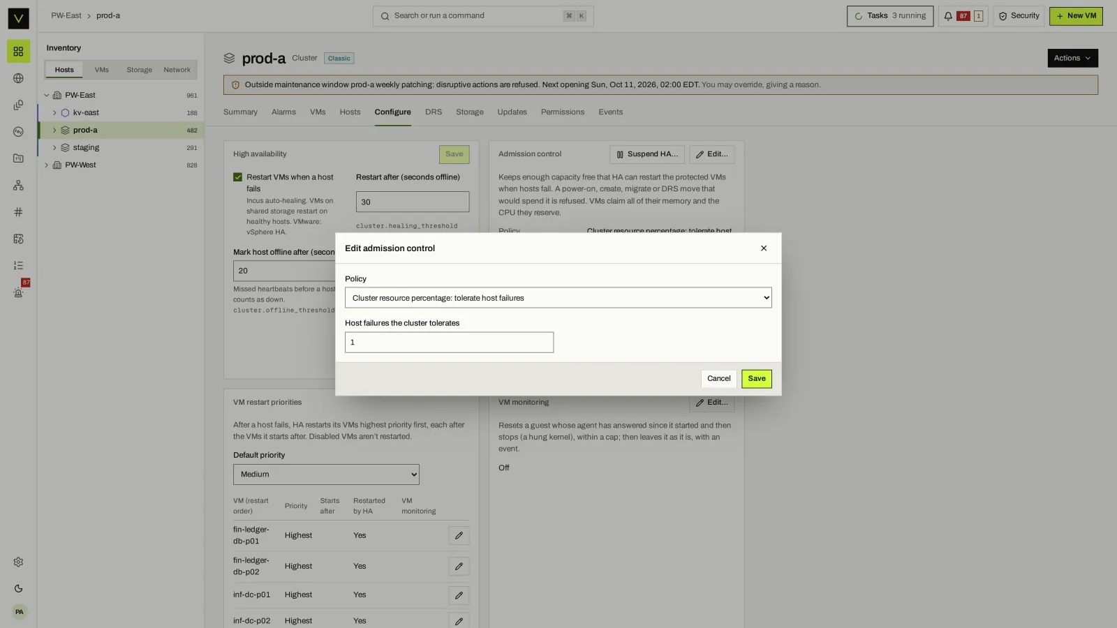 HA admission control: Reserve failover capacity by host failures, percentage or dedicated hosts.