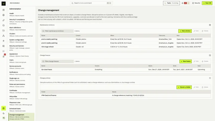 Change management in the victor view: Maintenance windows and change freezes that disruptive actions respect.