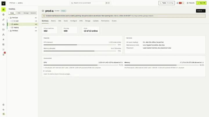 KVM cluster summary in the victor view: A Victor virtualization cluster with its hosts, capacity and current maintenance window.