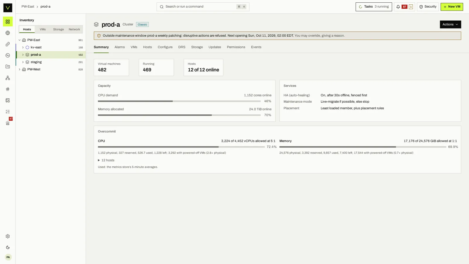 Victor KVM cluster: A Victor virtualization cluster with hosts, capacity and its maintenance window.