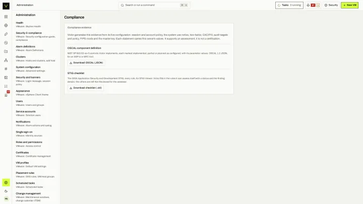 Compliance exports in the victor view: Enterprise OSCAL and STIG exports generated from live configuration.