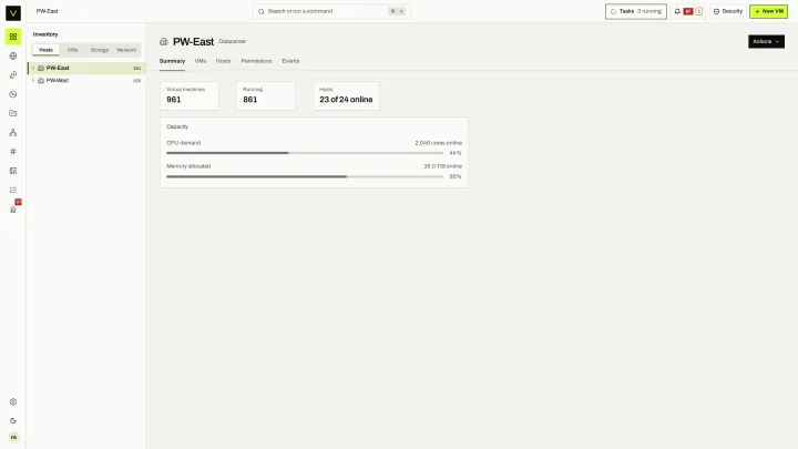 Datacenter summary in the victor view: VM and host counts, hosts online and capacity for a datacenter.