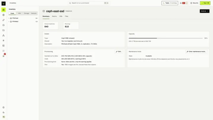 Datastore summary in the victor view: Ceph datastore capacity, provisioning and the VMs placed on it.