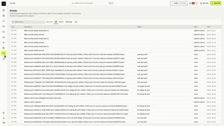 Events in the victor view: Every task and system event, filterable and linked to its object.