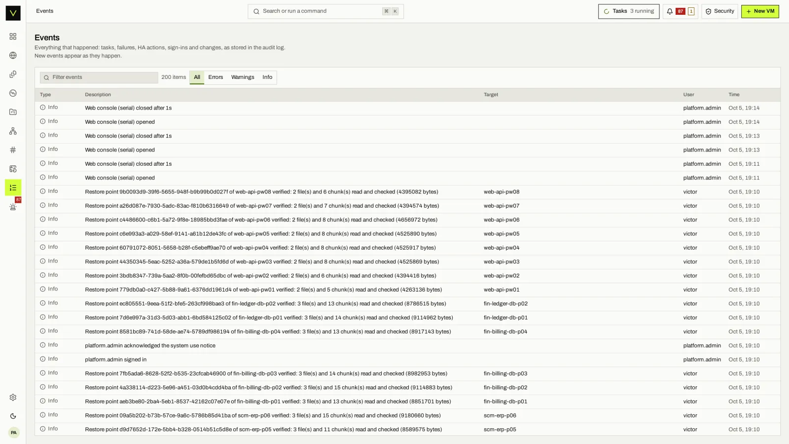 Events: Every task and system event, filterable and linked to its object.