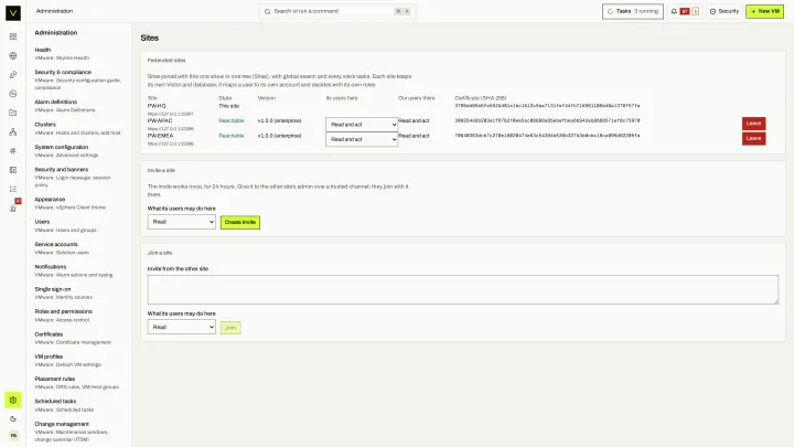 Federation settings in the victor view: Join and manage peer sites.