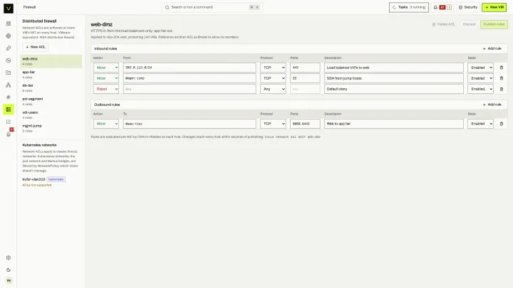Firewall and ACLs in the victor view: Network ACLs on bridge and OVN networks of KVM clusters; KubeVirt networks are marked unsupported.