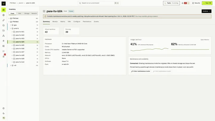 Host availability in the victor view: Hardware, usage, and what maintenance mode will do to each VM on the host.