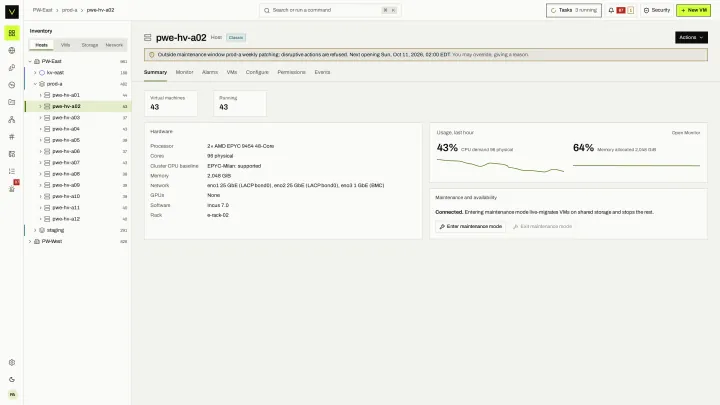 Host summary in the victor view: Host hardware, usage, maintenance mode and the VMs it is running.