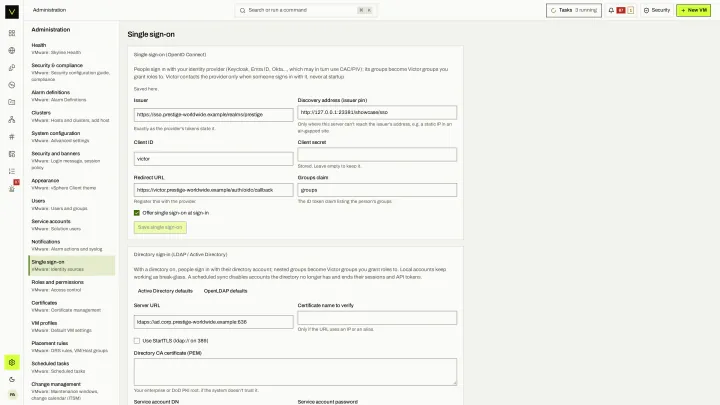 Single sign-on in the victor view: OIDC and LDAP/Active Directory identity sources.