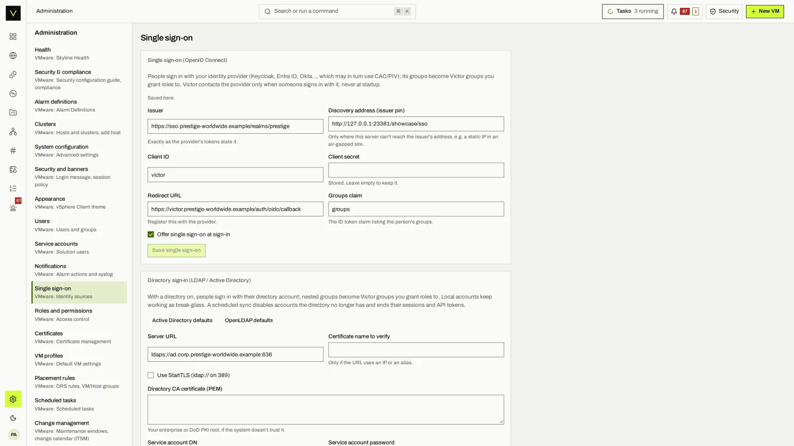Single sign-on: OIDC and LDAP/Active Directory identity sources.