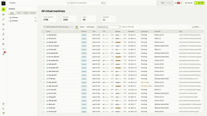 All virtual machines in the victor view: One inventory across KVM clusters and KubeVirt pools, with runtime, host, resource use and state per VM.