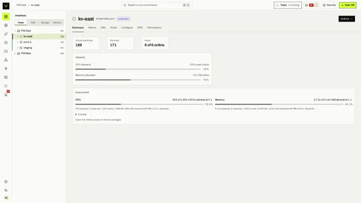 KubeVirt pool summary in the victor view: A KubeVirt pool in the same tree, with the same summary layout as a KVM cluster.