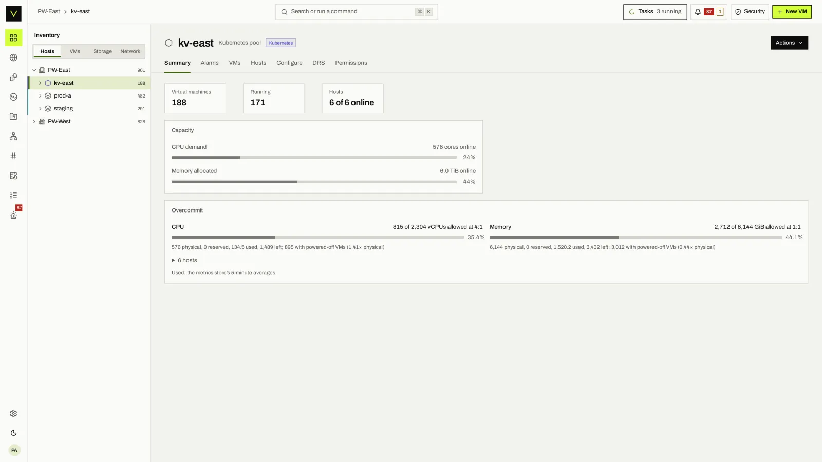 KubeVirt pool: A KubeVirt pool in the same tree, with the same summary layout as a KVM cluster.