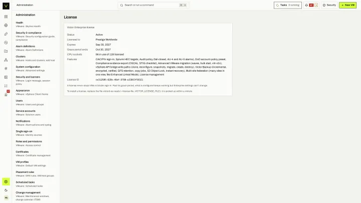 License in the victor view: The offline, signed license file and the Enterprise features it enables.