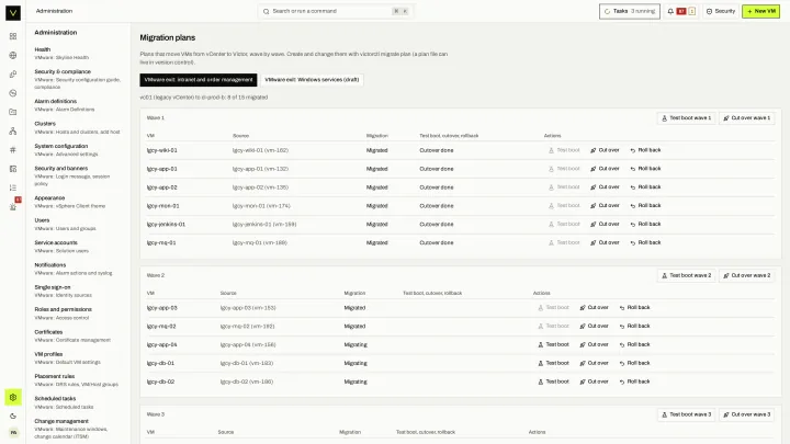 Migration plans in the victor view: Enterprise migration plans: waves, test boot, cutover and rollback per VM.