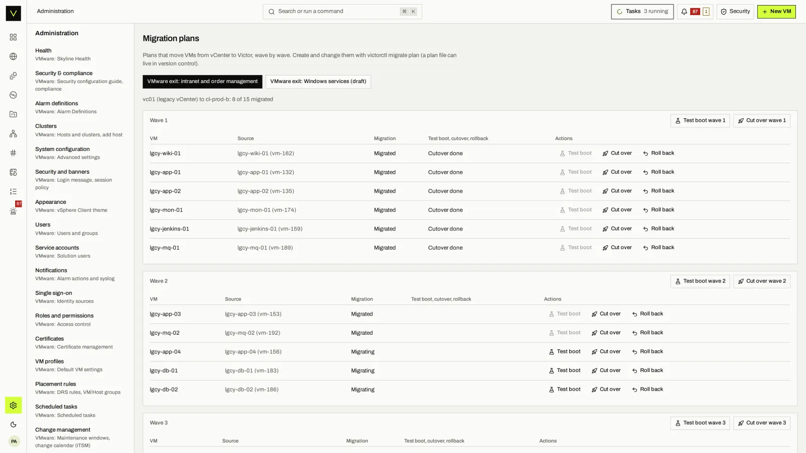 Migration plans: Enterprise migration plans: waves, test boot, cutover and rollback per VM.