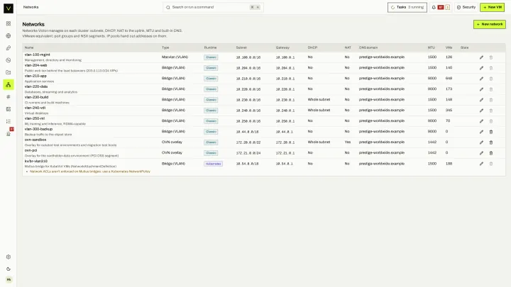 Networks in the victor view: Bridge, VLAN and OVN networks for KVM clusters and Multus networks for KubeVirt, with their attached VMs.