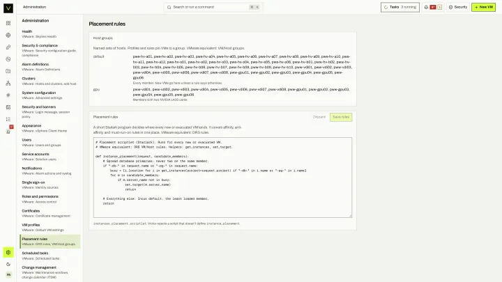 Placement script in the victor view: Host groups and a site-wide placement script that decides where new or evacuated VMs land.