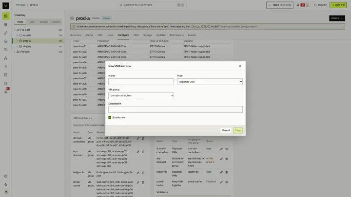 Placement rule in the victor view: VM/VM and VM/host affinity and anti-affinity rules.