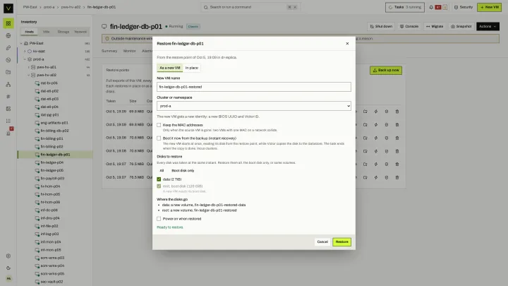 Restore a VM in the victor view: Restore in place or as a new VM, choosing the cluster or namespace and which disks.