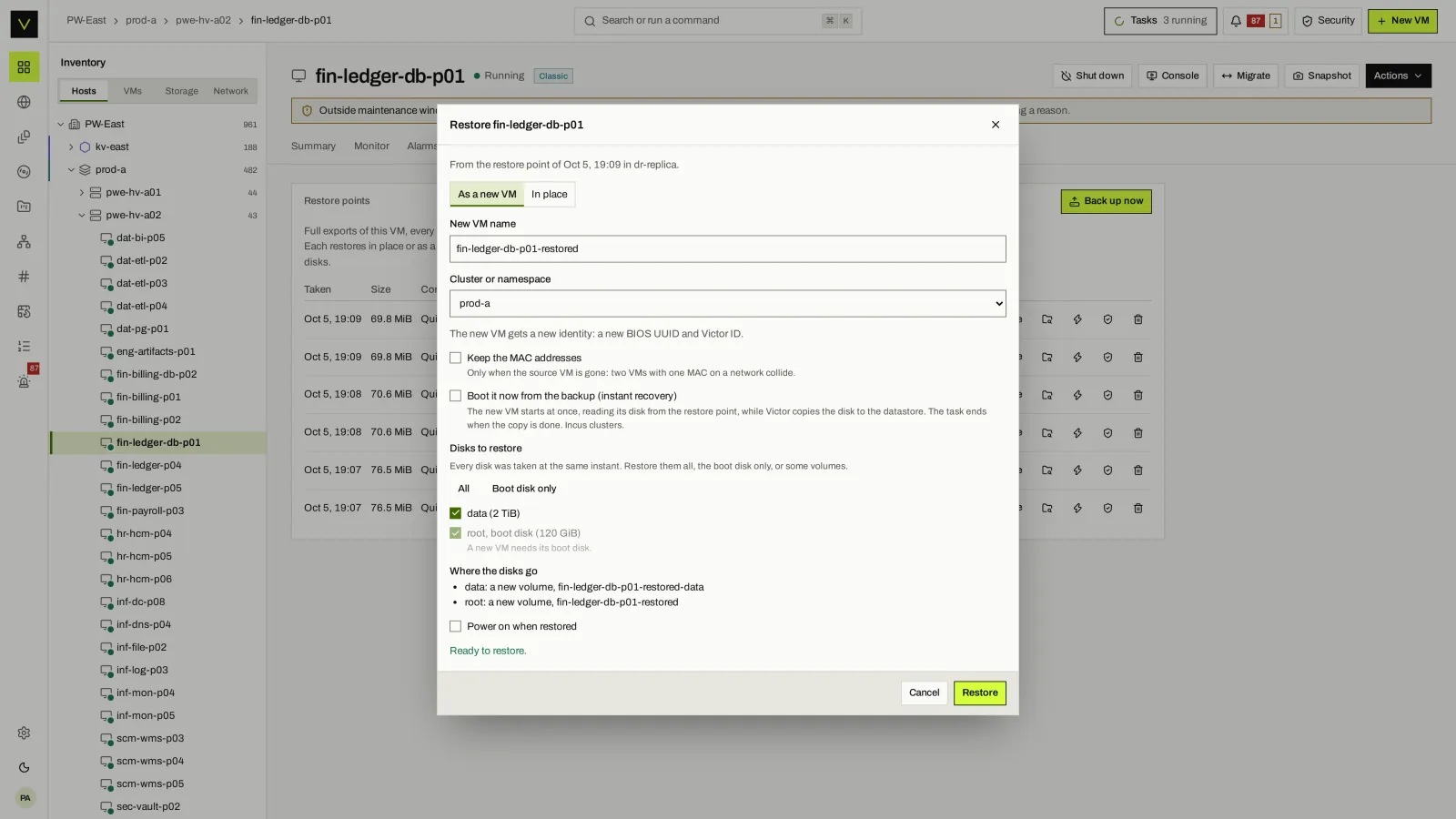 Restore: Restore in place or as a new VM, on any cluster.