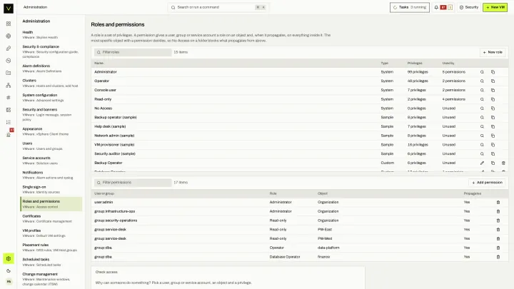 Roles and permissions in the victor view: vCenter-style privileges and roles, assigned on inventory objects with propagation.