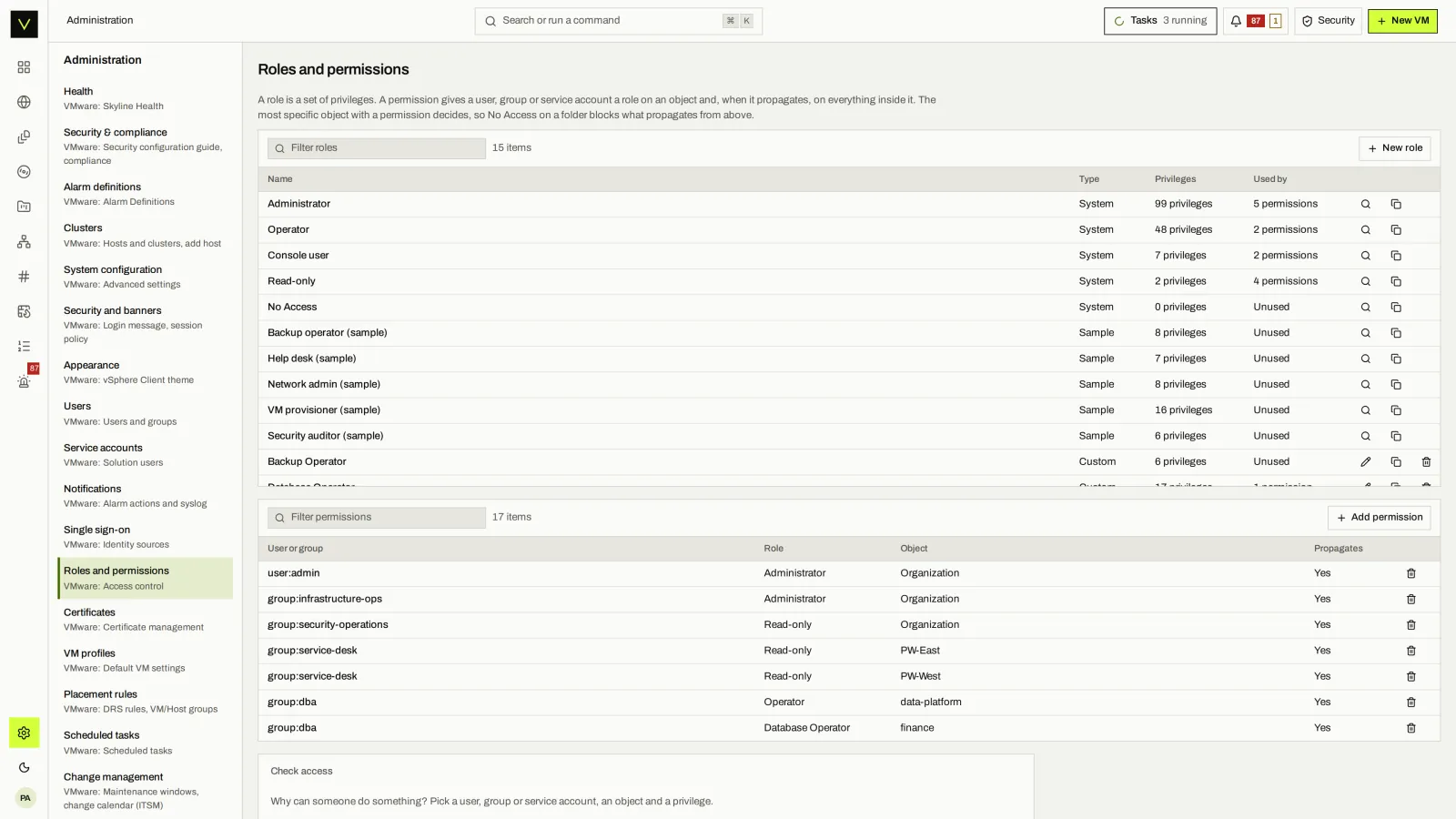 Roles: Built-in and sample roles, and where each is granted.