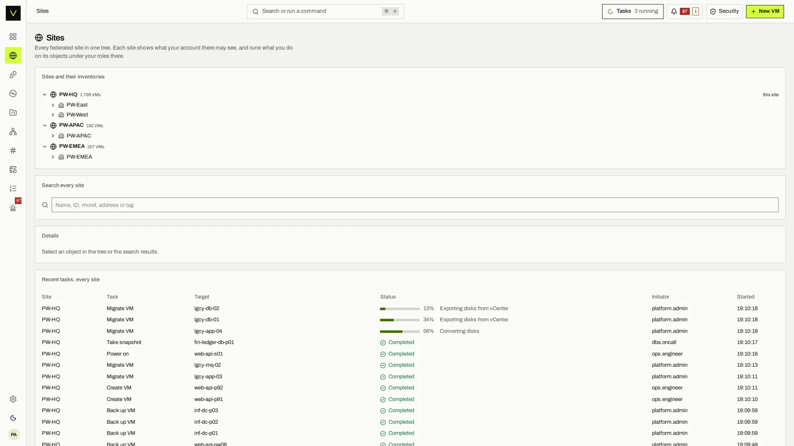 Enterprise sites: Enterprise federation shows every joined site in one tree.