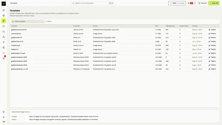 Template library in the victor view: Golden images and templates with guest OS, size and usage.
