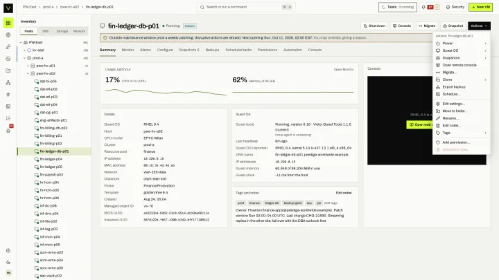 VM actions in the victor view: Power, snapshots, migrate, clone, backup, schedules, settings, tags and permissions from one actions menu.