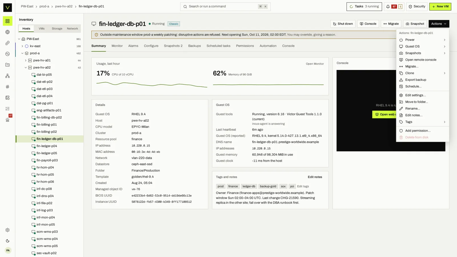 Victor Enterprise screen for VM lifecycle