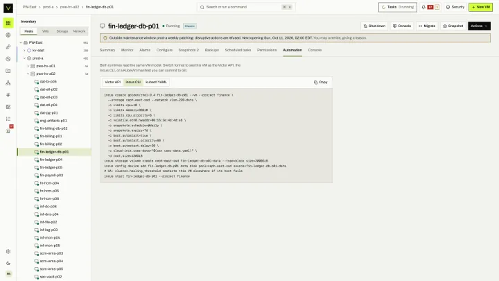 VM automation in the victor view: The same VM as a Victor API call, an engine command or a KubeVirt manifest you can commit to Git.