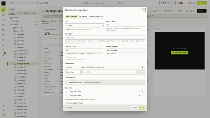 Edit hardware in the victor view: CPU, memory, disks, NICs and devices in one settings dialog.