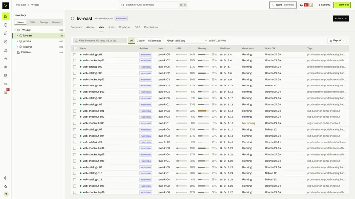 KubeVirt VMs in the victor view: The VMs of a KubeVirt pool, each marked with the Kubernetes runtime, in the same inventory as KVM clusters.