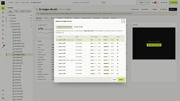 Live migrate in the victor view: Pick a destination with its CPU demand, memory and placement-rule conflicts shown first.