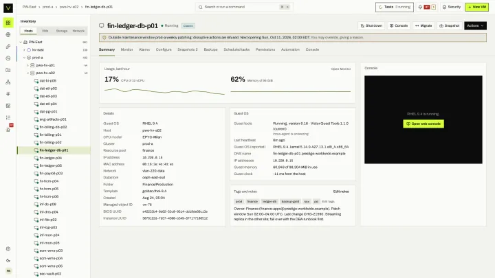 VM summary in the victor view: Guest OS, identity, usage, tags, notes and console for one VM.