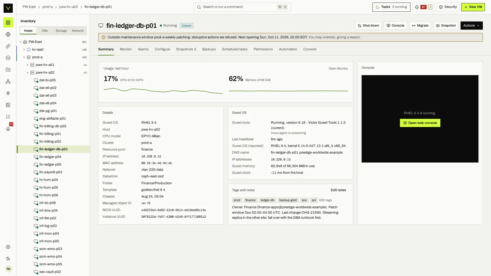 VM summary: Guest OS, identity, usage, tags, notes and console for one VM.