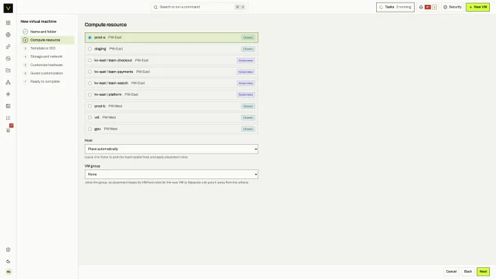 New VM: compute in the victor view: Pick a KVM cluster or KubeVirt namespace and let Victor place the VM on a host, under placement rules.